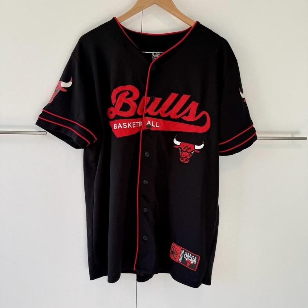 Chicago Bulls Jersey Mens Large Black NBA Basketball Ultra Game Button‎ Front